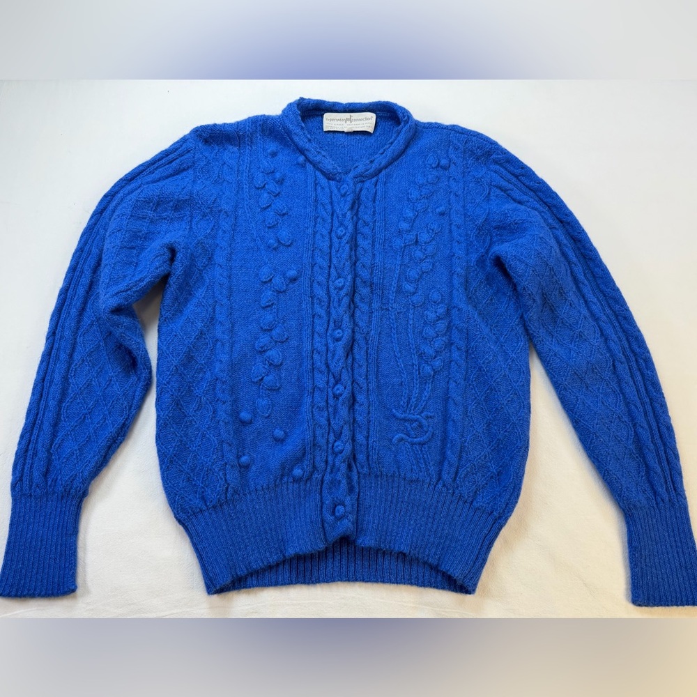 Peruvian Connection 100% Alpaca Cable Knit Cardigan Sweater - Blue Size Small - Picture 2 of 13